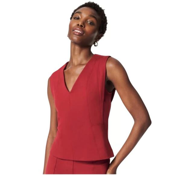 Spanx Perfect V-Neck Seamed Top Deep Red Back Zip Sleeveless Sz XL Women's